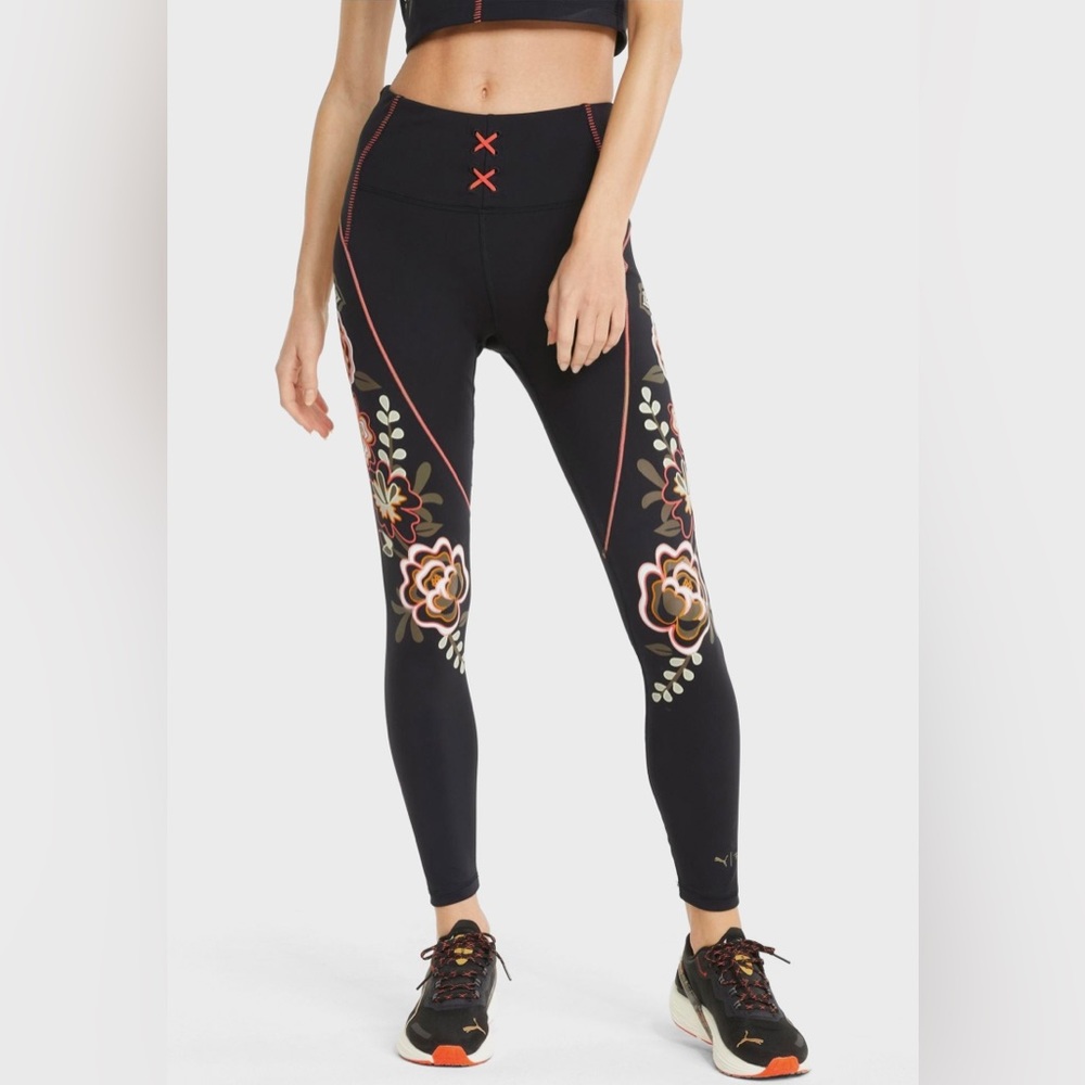 Floral Black Leggings with Red Accents